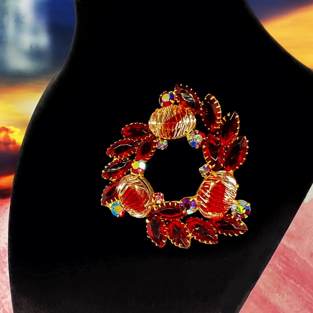 1960’s “Juliana Style” Vivid Red Navette & Aurora Borealis Rhinestone Brooch